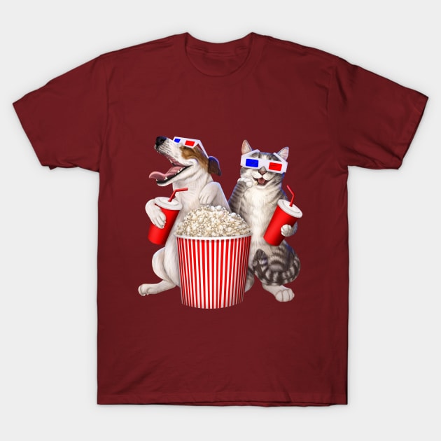 Dog and cat at the movies T-Shirt by Mehu Art